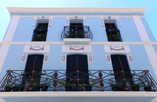 Calpe. Mediterranean Spanish coastal city historic old town center. Tradicional house balcony detail.