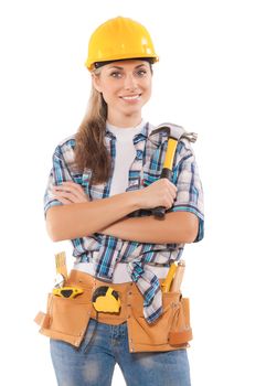female worker holding hammer isolated