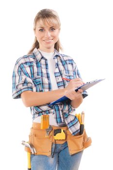 female worker writing in blue clipboard isolated