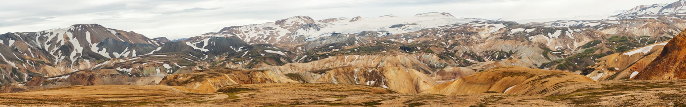 Beautiful multicolored mountains at Landmannalaugar, Iceland. Panoramic photo