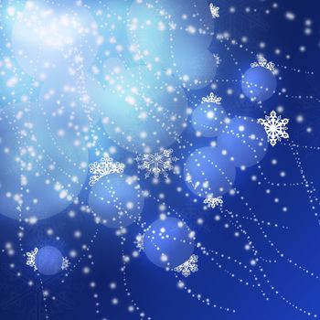 New Year's background. Christmas balls and snowflakes on a blue background