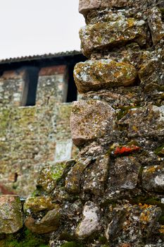 A stone castle wall in close up