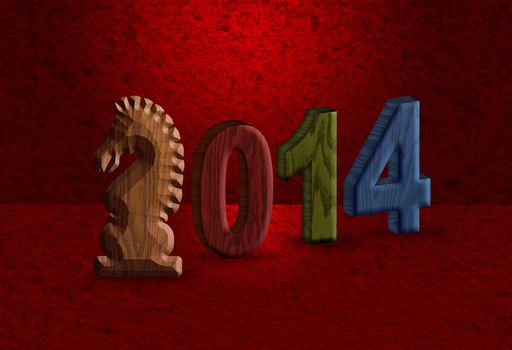 2014 Chinese Lunar New Year of the Horse 3D Wood Blocks Numerals with Horse Text Symbol on Red Grunge Background Illustration