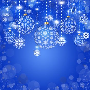 New Year's background. Christmas balls of snowflakes on a blue background