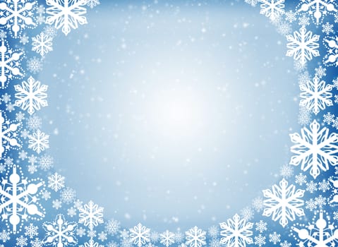 Christmas frame. White snowflakes on a blue background