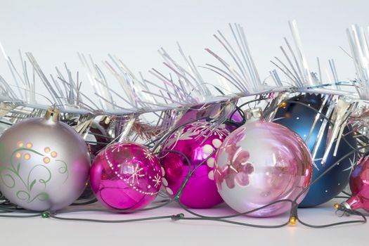 Arrangement of Christmas tree decorations. white background