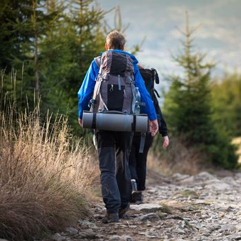 People hiking - goiing down a lovely alpine path