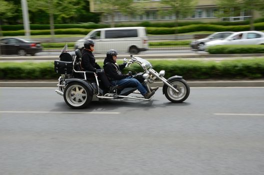 WROCLAW, POLAND - MAY 18: Unidentified motorcyclist rides Harley-Davidson motor during parade Super Rally. Around 8 thousands riders joined this event from 16 to 20 May 2013 in Wroclaw.