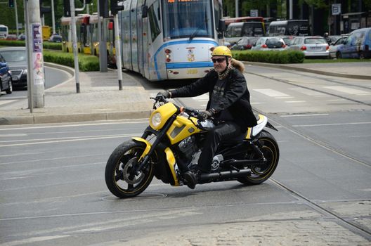 WROCLAW, POLAND - MAY 18: Unidentified motorcyclist rides Harley-Davidson motor during parade Super Rally. Around 8 thousands riders joined this event from 16 to 20 May 2013 in Wroclaw.