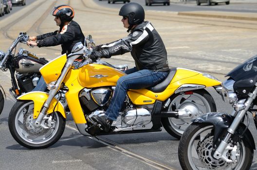 WROCLAW, POLAND - MAY 18: Unidentified group rides Harley-Davidson in city center. Around 8 thousands motorcyclist joined international event Super Rally from 16 to 20 May 2013 in Wroclaw, Poland.