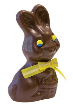 Chocolate Happy Easter Day Bunny Rabbit with Yellow Ribbon Bow Side View Isolated on White Background