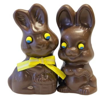 Chocolate Happy Easter Day Bunny Rabbit Pair with Yellow Ribbon Bow Isolated on White Background