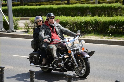 WROCLAW, POLAND - MAY 18: Unidentified motorcyclist rides Harley-Davidson motor during parade Super Rally. Around 8 thousands riders joined this event from 16 to 20 May 2013 in Wroclaw.