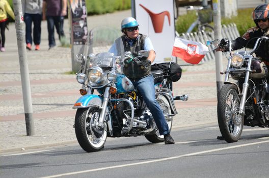 WROCLAW, POLAND - MAY 18: Unidentified motorcyclist rides Harley-Davidson motor during parade Super Rally. Around 8 thousands riders joined this event from 16 to 20 May 2013 in Wroclaw.