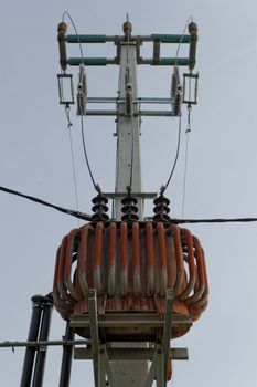 Transformer on high power station. High voltage