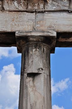 Detail of doric column and faded inscription at the Gate of Athena Archegetis. Roman Agora, Athens Greece.