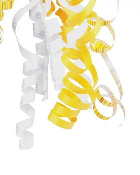 Arrangement of White, Striped  and Yellow Curly Hanging Party Streamers isolated on white background
