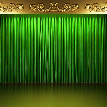 green fabric curtain with gold on stage