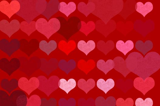 Romantic hearts on red background abstract grungy illustration.