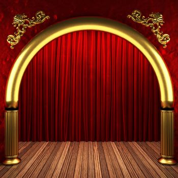 red fabric curtain on golden stage