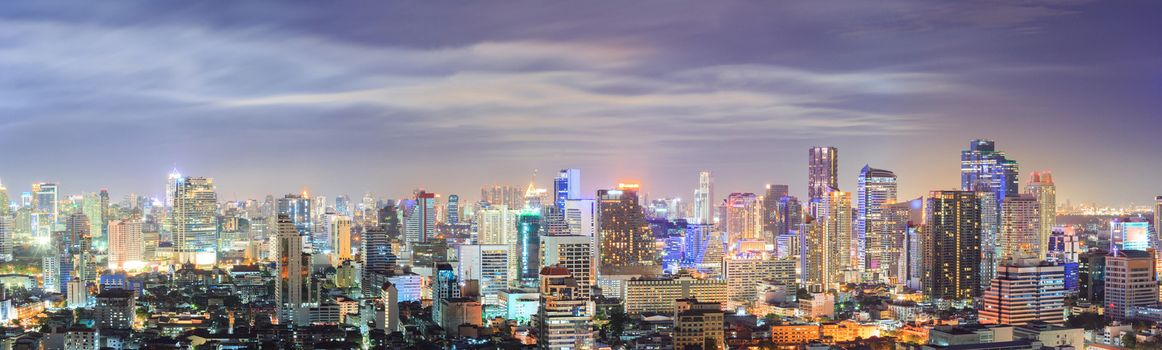 Panorama Aerial view of Bangkok downtown Skyline at night