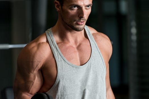 Young Athlete In Gym Exercising With Dumbbells