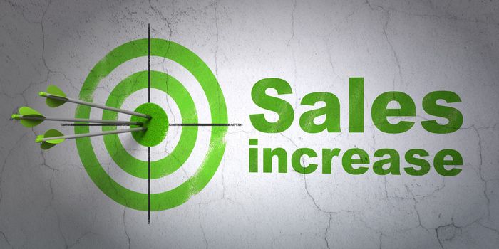 Success marketing concept: arrows hitting the center of target, Green Sales Increase on wall background, 3d render