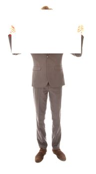 Young man holding a white board isolated on white background