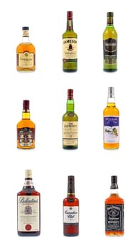 Images of whisky bottles Jack Daniel's, Canadian Club, Ballantine's, The Glenlivet, Chivas Regal, Dalwhinnie, Jameson, Glenfiddich, McClelland's