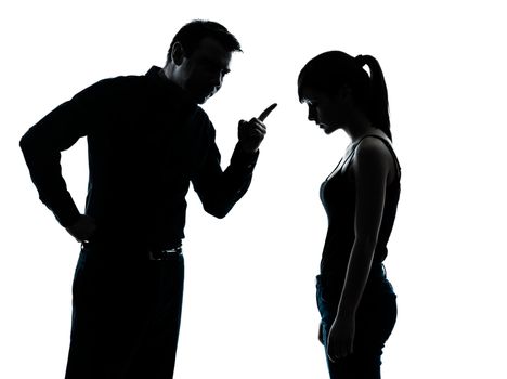 one man and teenager girl dispute conflict in silhouette indoors isolated on white background