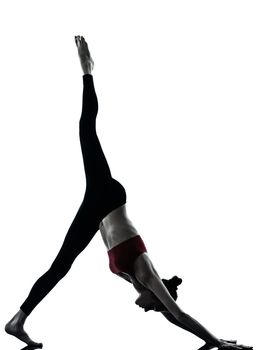one caucasian woman exercising yoga Adho Mukha Svanasana in silhouette studio isolated on white background