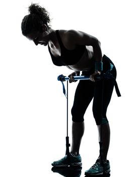 one caucasian woman exercising gymstick fitness workout posture in silhouette studio isolated on white background