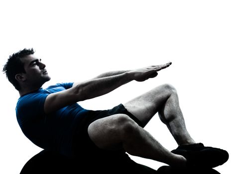 one caucasian man exercising workout fitness in silhouette studio isolated on white background