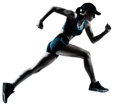 one caucasian woman runner jogger running in silhouette studio isolated on white background