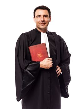 one caucasian lawyer man in studio isolated on white background