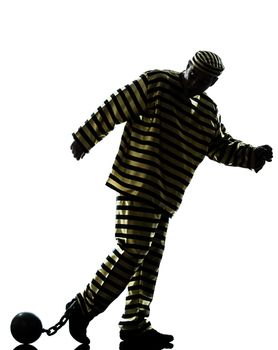 one caucasian man prisoner criminal with chain ball in studio isolated on white background