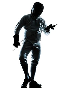 one man fencing silhouette in studio isolated on white background
