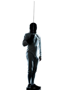 one man fencing saluting silhouette in studio isolated on white background