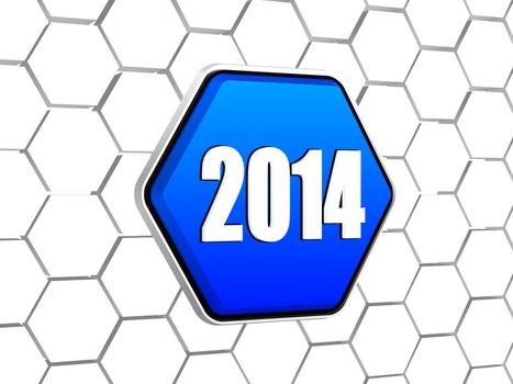new year 2014 - white ciphers on 3d blue hexagon button in cellular structure