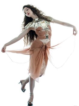 one young beautiful woman fashion model in on aura tout vu brown silk fantasy haute couture summer dress in studio white background