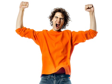 one young man caucasian strong screaming happy portrait in studio white background