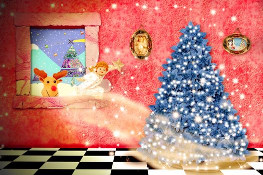cheerful child christmas magical scene,an angel coming through the window to put the star on the tree and the Reindeer by santa claus looking out the window