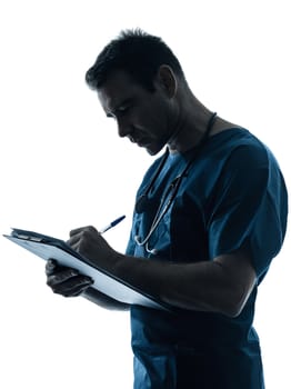 one caucasian man doctor surgeon medical worker writing portrait silhouette isolated on white background