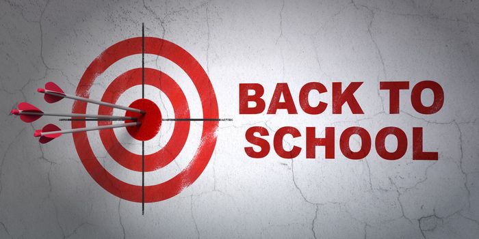 Success Education concept: arrows hitting the center of target, Red Back to School on wall background, 3d render