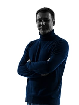 one caucasian man smiling friendly portrait in silhouette studio isolated on white background