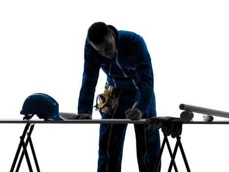 one caucasian man construction Architect working plans silhouette in studio on white background