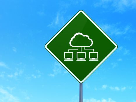 Cloud networking concept: Cloud Network on green road (highway) sign, clear blue sky background, 3d render
