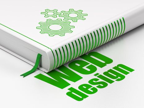 Web design concept: closed book with Green Gears icon and text Web Design on floor, white background, 3d render