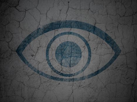 Security concept: Blue Eye on grunge textured concrete wall background, 3d render