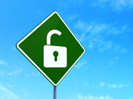 Safety concept: Opened Padlock on green road (highway) sign, clear blue sky background, 3d render